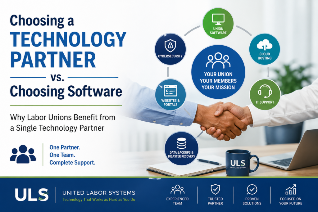 Illustration showing why labor unions benefit from a single technology partner for software, cybersecurity, cloud hosting, websites, and IT support.